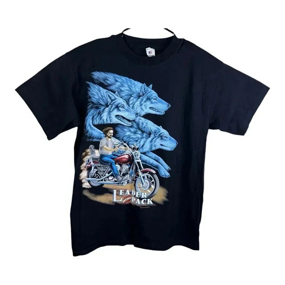 Vintage Shirt Large Biker Leader Of The Pack Wolf Motorcycle Harley Boxy 90s - Picture 1 of 10